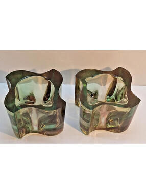 Set of 2 Candle Holders Swirl Design Green Spain Decorative Glass 5.5 in x 3 in